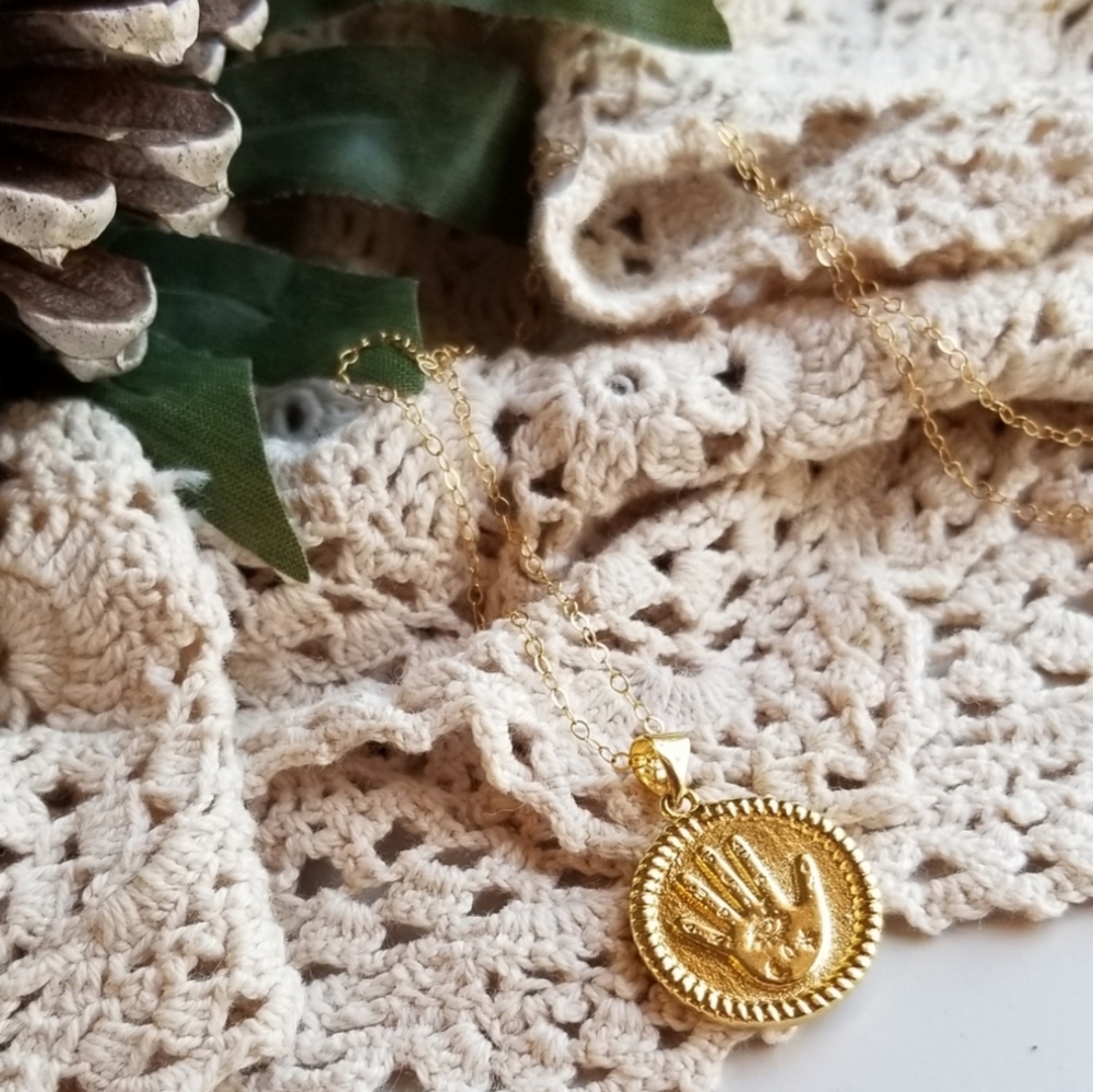 Hamsa hand coin medallion necklace